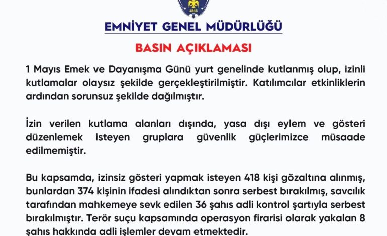 1 Mayıs’ta 418 Gözaltı