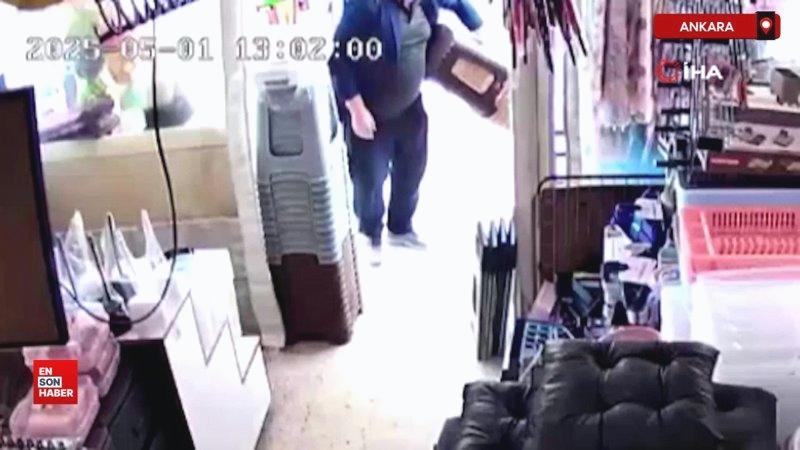Ankara’da hırsızın dükkanın önündeki ürünleri toplayıp götürdüğü anlar