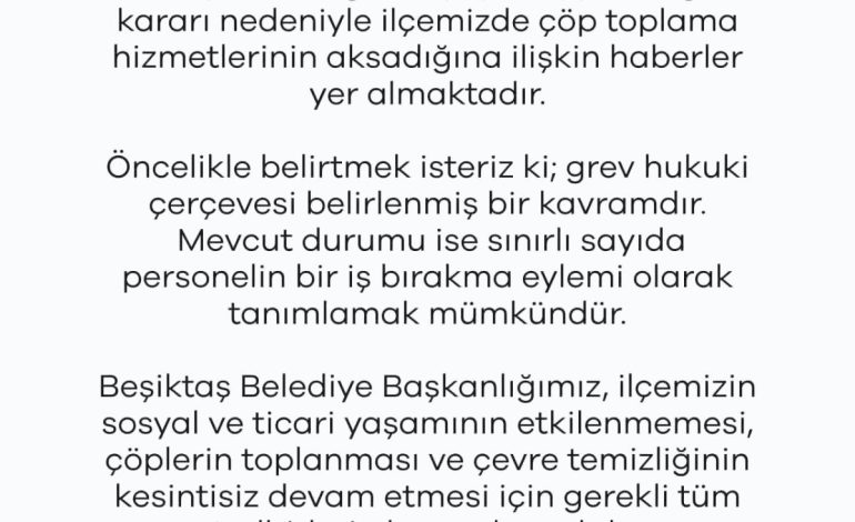 Beşiktaş Belediyesi’nden Çöp Toplama Hizmetleri ile İlgili Açıklama