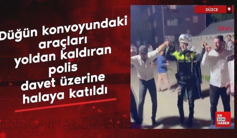 Düzce’de düğün konvoyundaki araçları yoldan kaldıran polis, davet üzerine halaya katıldı
