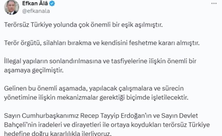 Efkan Ala: Terör örgütü silahları bırakma ve kendisini feshetme kararı aldı