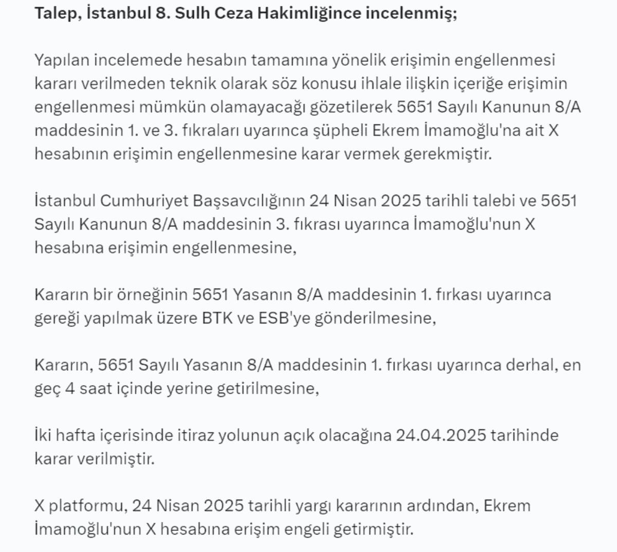İmamoğlu’nun X Hesabına Erişim Engellendi