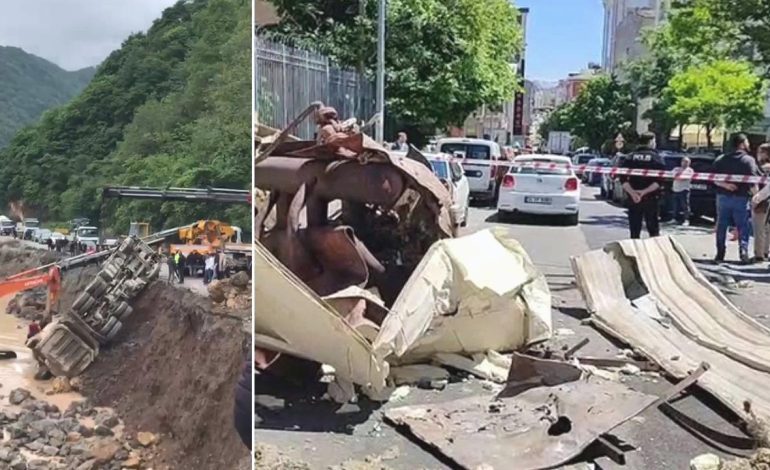 Trabzon-Bayburt yolunda taş kamyonu devrildi: Trafik durdu, yol kapandı