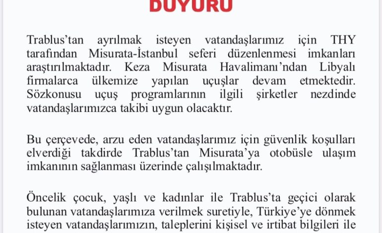 Türk Vatandaşları İçin Libya’dan Tahliye İmkanları